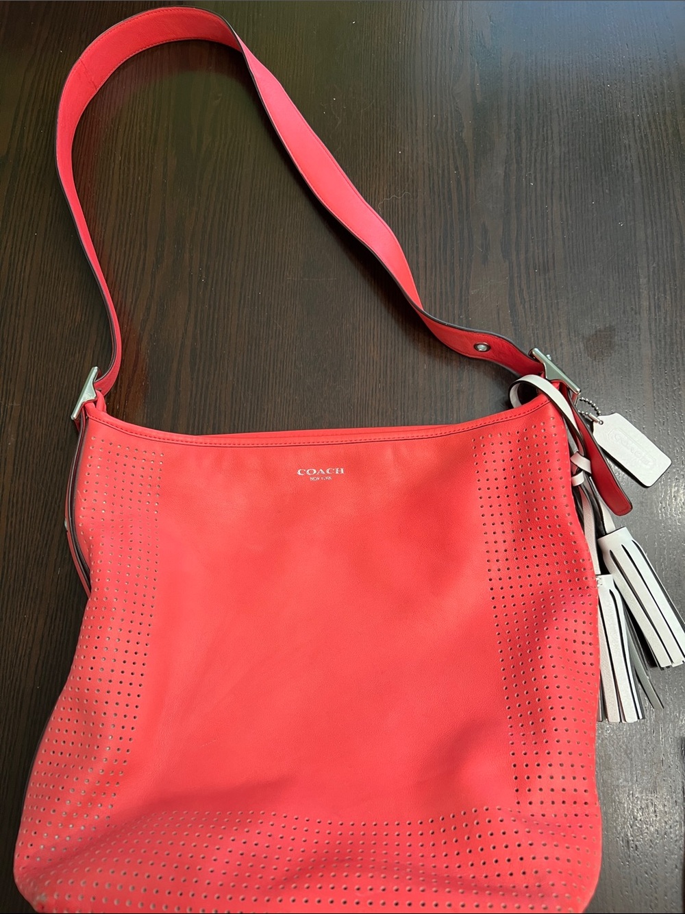 Coach Coral Perforated Leather Shoulder Bag with Tassel - Picture 1 of 8